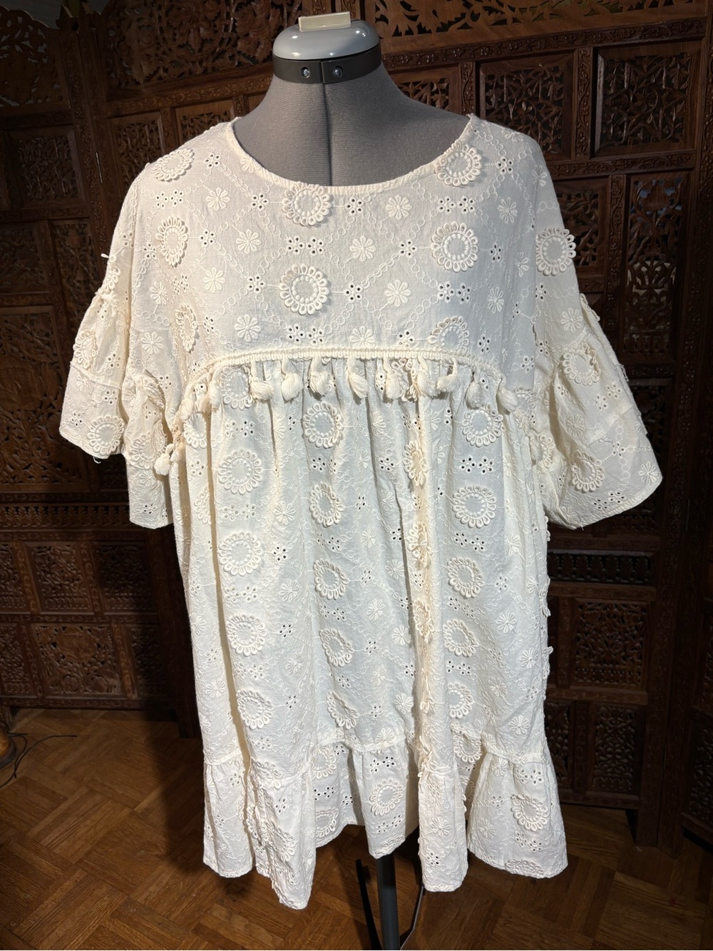 POL Cream Eyelet Babydoll Mini Dress with Tassel Detail